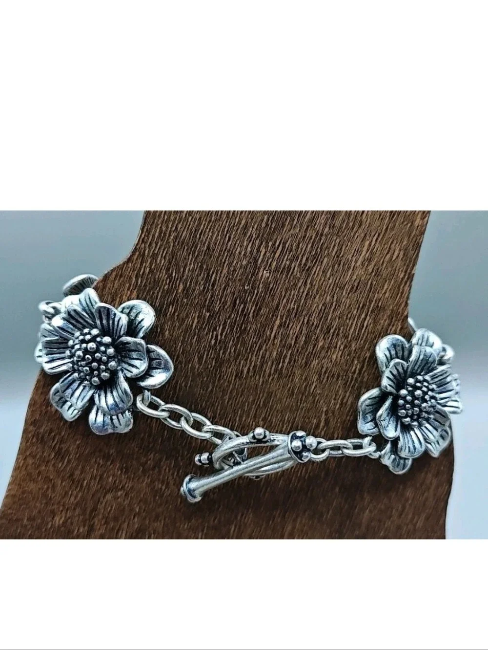 Lucky Brand Daisy Sunflower Links Toggle Bracelet Antiqued Silver Tone 3D Flower